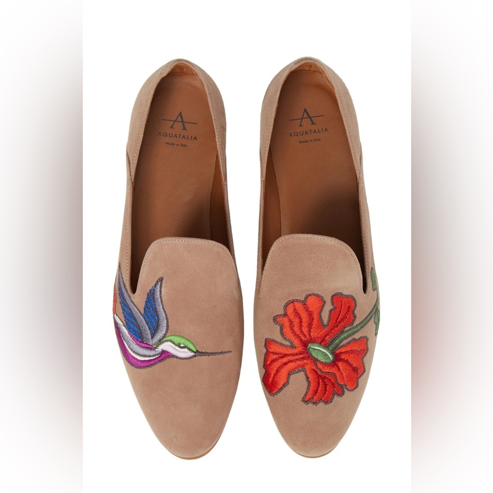 AQUATALIA Emmaline Floral Embroidered Leather Loafer Hummingbird Size 8.5 Italy